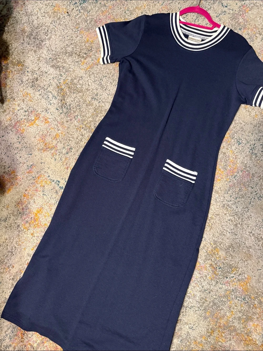 Coldwater Creek Navy Maxi Dress with White Striped Trim M - Picture 1 of 7